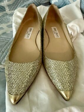 Jimmy Choo Gold Glitter Pointed Toe Flats